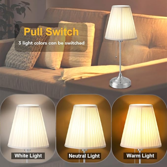 LED Metal Table Lamp,Fabric Shade Desk Lamp,3 Color Bedside Lamp,Built-in bulb,Night Light for Kids Nursery,Dining Room Lamp - LeafyLoom