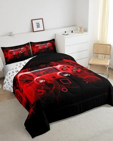 Feelyou Kids Gaming Comforter Set Queen Size Gamer Bedroom Decor for Boys Girls Teens Video Game Controller Bedding Set Youth Gaming Console Comforter Red Black Geometry with 2 Pillow Case - LeafyLoom