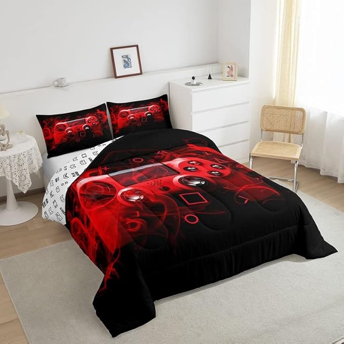 Feelyou Kids Gaming Comforter Set Queen Size Gamer Bedroom Decor for Boys Girls Teens Video Game Controller Bedding Set Youth Gaming Console Comforter Red Black Geometry with 2 Pillow Case - LeafyLoom