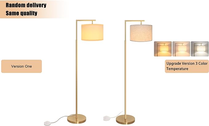 FAGUANGAO 3-Color Temterapure Gold Floor Lamp, Mid Century Modern Floor Lamp, Brass Standing Lamp with Hanging Drum Shade for Living Room, Reading Room, Bedroom, Office (LED Bulb Included) - LeafyLoom