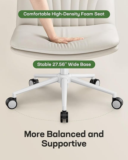 Marsail Armless-Office Desk Chair with Wheels: PU Leather Cross Legged Wide Chair,Comfortable Adjustable Swivel Computer Task Chairs for Home,Office,Make Up,Small Space,Bed Room(Balanced Beige) - LeafyLoom
