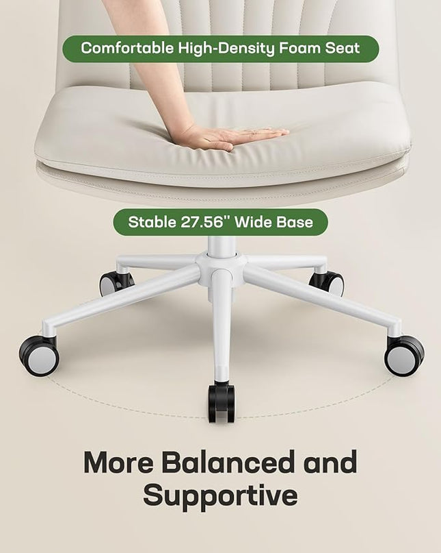 Marsail Armless-Office Desk Chair with Wheels: PU Leather Cross Legged Wide Chair,Comfortable Adjustable Swivel Computer Task Chairs for Home,Office,Make Up,Small Space,Bed Room(Balanced Beige) - LeafyLoom