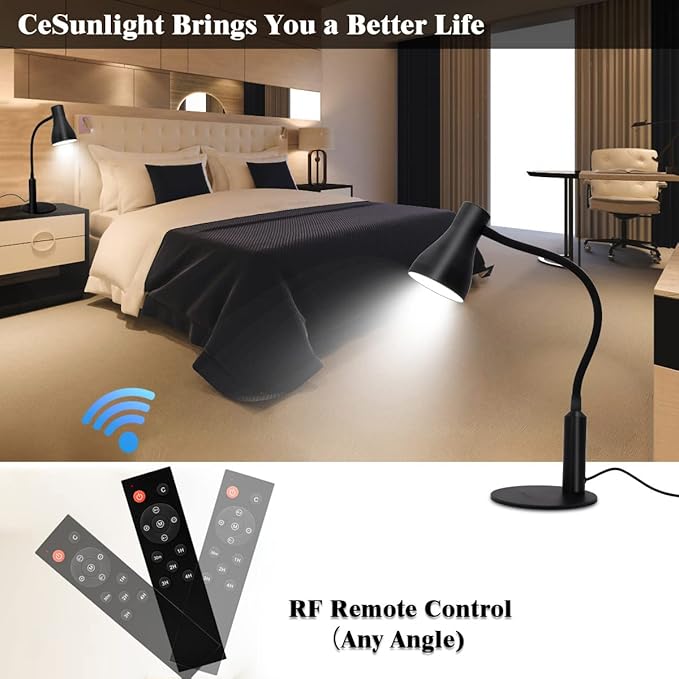 LED Desk Lamp, 3 Lighting Modes and 6 Brightness Levels, 10W Flexible Gooseneck Table Lamp for Living Room and Study, Remote Control with Timing Function, AC Adapter Included (Black) - LeafyLoom