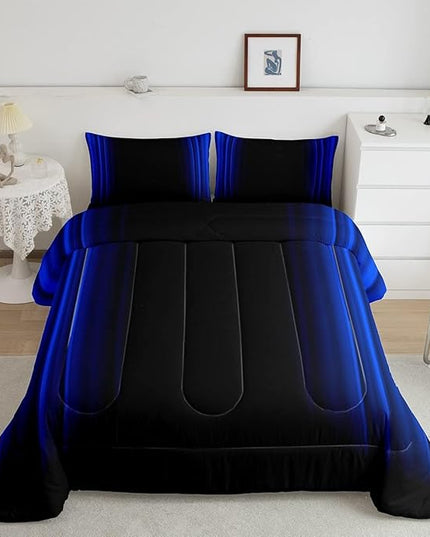 Geometric Abstract Ombre Comforter Set Kids Teens Dark Blue and Black Striped Bedding Bed Set Decor Modern Fashion Comforter Inner Fill Bedroom Collection 3Pcs Full Size - LeafyLoom