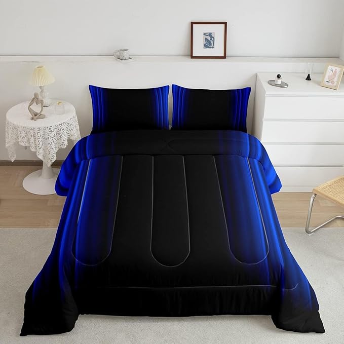Geometric Abstract Ombre Comforter Set Kids Teens Dark Blue and Black Striped Bedding Bed Set Decor Modern Fashion Comforter Inner Fill Bedroom Collection 3Pcs King Size - LeafyLoom