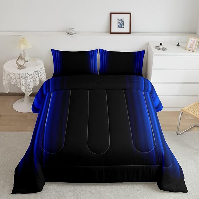 Geometric Abstract Ombre Comforter Set Kids Teens Dark Blue and Black Striped Bedding Bed Set Decor Modern Fashion Comforter Inner Fill Bedroom Collection 3Pcs Queen Size - LeafyLoom