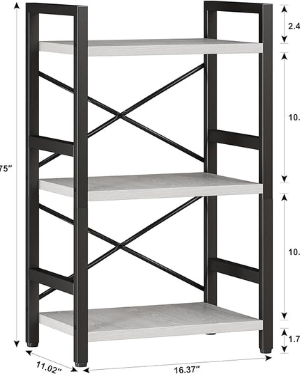 Bookshelf, 3 Tier Industrial Bookcase, Metal Small Bookcase, Rustic Etagere Book Shelf Storage Organizer for Living Room, Bedroom, and Home Office(White) Patent Pending D29873033 - LeafyLoom