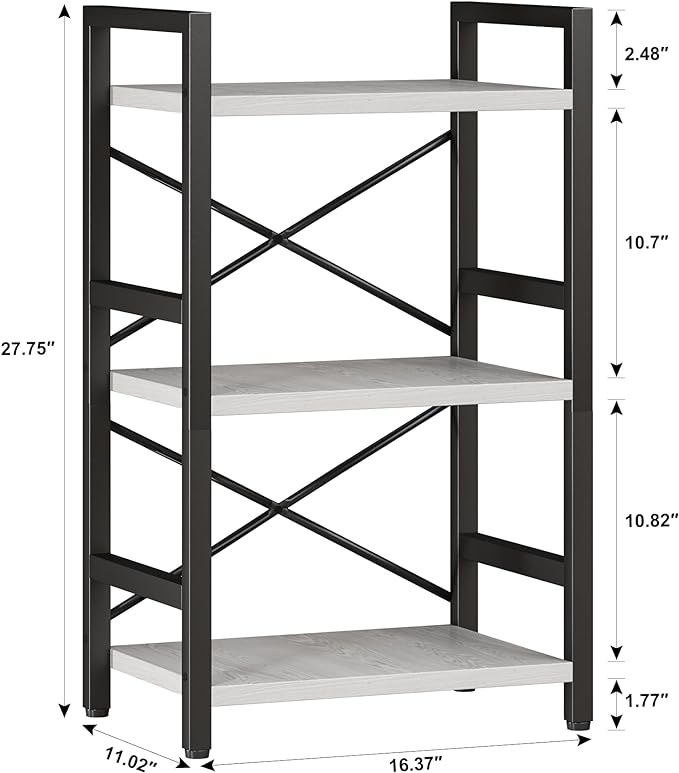Bookshelf, 3 Tier Industrial Bookcase, Metal Small Bookcase, Rustic Etagere Book Shelf Storage Organizer for Living Room, Bedroom, and Home Office(White) Patent Pending D29873033 - LeafyLoom