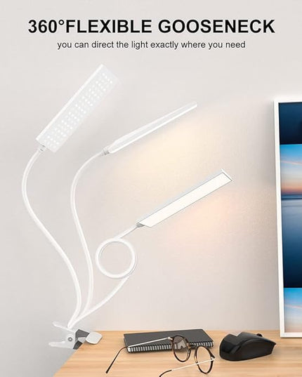 RAOYI LED Desk Lamp, 5W USB Clip on Light Eye-Caring Reading Clamp Table Lamp with 48 LEDs Flexible Gooseneck, 3 Color Modes and 14 Brightness Levels for Office Bedroom Study (White) - LeafyLoom