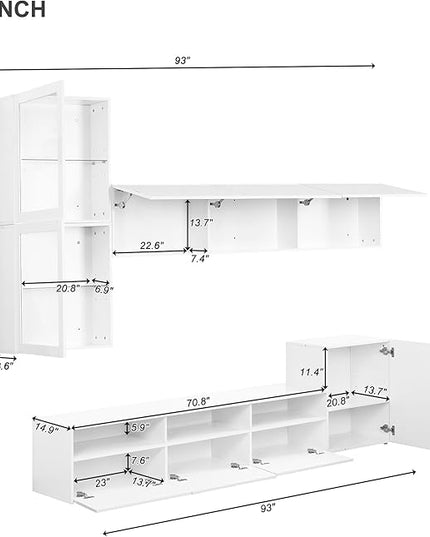 Merax High Gloss TV Stand with Wall Mounted Floating Storage Cabinets, Media Console for Television Up to 75" Versatile Entertainment Center, for Living Room, 93 inch Length, White - LeafyLoom