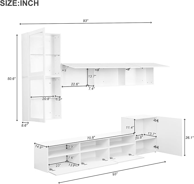 Merax High Gloss TV Stand with Wall Mounted Floating Storage Cabinets, Media Console for Television Up to 75" Versatile Entertainment Center, for Living Room, 93 inch Length, White - LeafyLoom