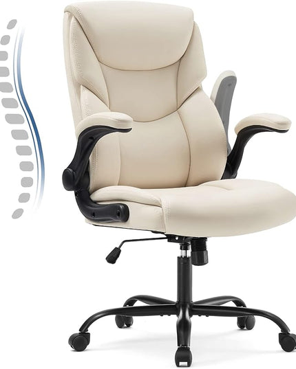 JHK Leather Office Chair with Flip Up Arms, Executive High Back Big and Tall Desk Chairs with Ergonomic Lumbar Support, Adjustable Height,Wheels, Soft Padded, Cream - LeafyLoom