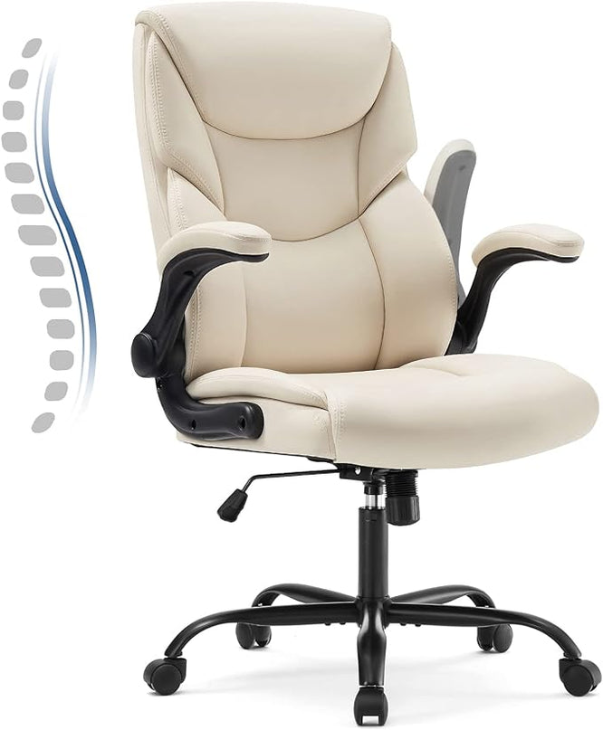 JHK Leather Office Chair with Flip Up Arms, Executive High Back Big and Tall Desk Chairs with Ergonomic Lumbar Support, Adjustable Height,Wheels, Soft Padded, Cream - LeafyLoom