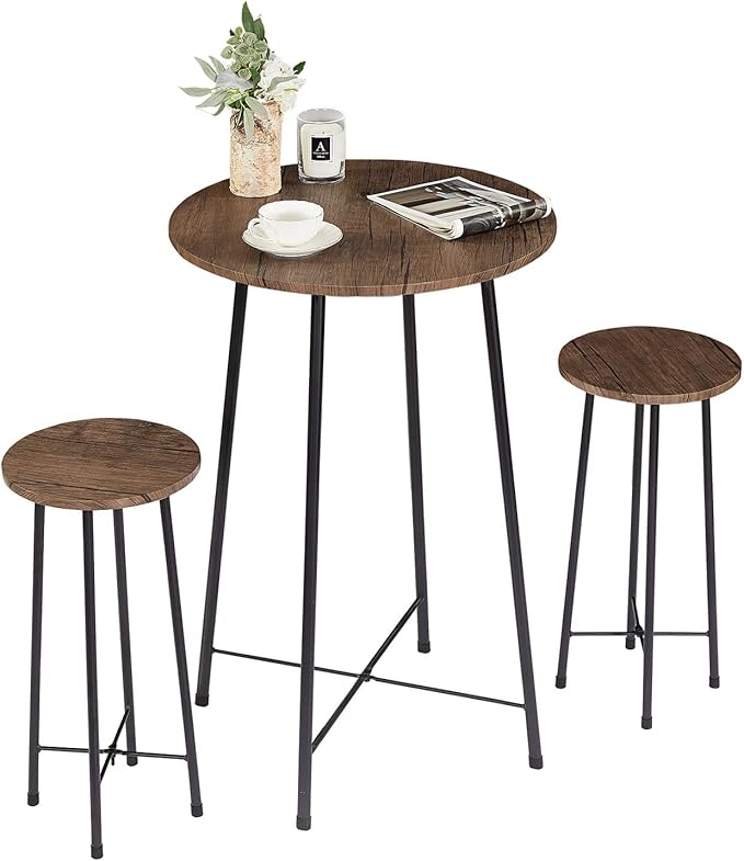VECELO Small Bar Table and Chairs, Round Bistro Sets with 2 barstools, 3-Piece Pub Dining Furniture, Counter Height Wood Top for Breakfast Dinner Coffee Nap Conference, Easy Assembly - LeafyLoom
