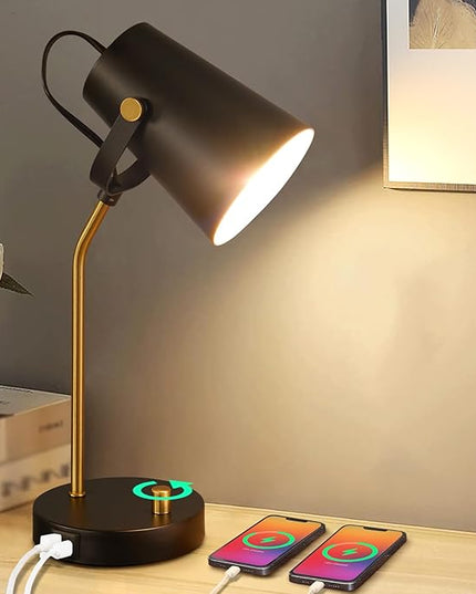 LED Desk Lamp with USB C+A Charging Ports - Dimmable Touch Bedside Reading Lamp Flexible Head - Vintage Black Nightstand Table Lamp for College Dorm Room Bedroom Living Room Office Bulb Included - LeafyLoom