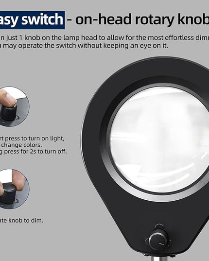 LED Magnifying Lamp with Premium Swing Arm, 5X Magnifying Glass with 5-Color Dimmable Light, Heavy-Duty Work Lamp Hands Free for Crafts, Precision Work, Estheticians - New Rotary Switch Design - LeafyLoom