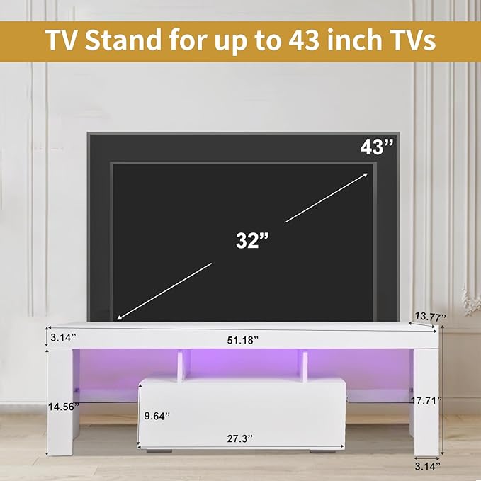 LED TV Stand for Televisions up to 55 inches, Entertainment Center and Media Console with Storage Drawers and Glass Shelves for Living Room, Bedroom - LeafyLoom
