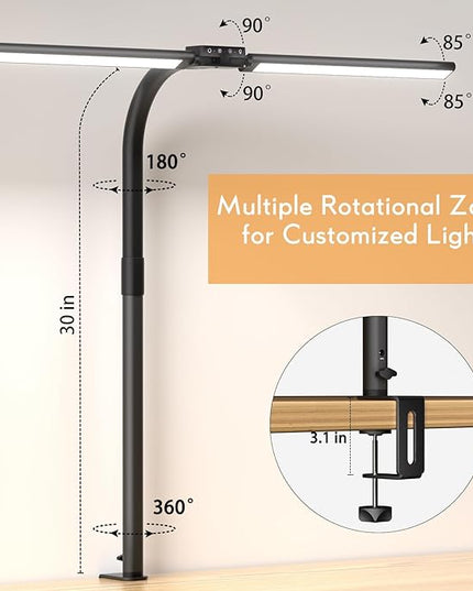 Quntis Desk Lamp for Home Office, 30.7'' Double Head Architect Desk Light with Clamp, 24W Bright 25 Lighting Modes Eye Care No Glare, Adjustable Gooseneck Task Lamp Workbench Reading Study, Gray - LeafyLoom