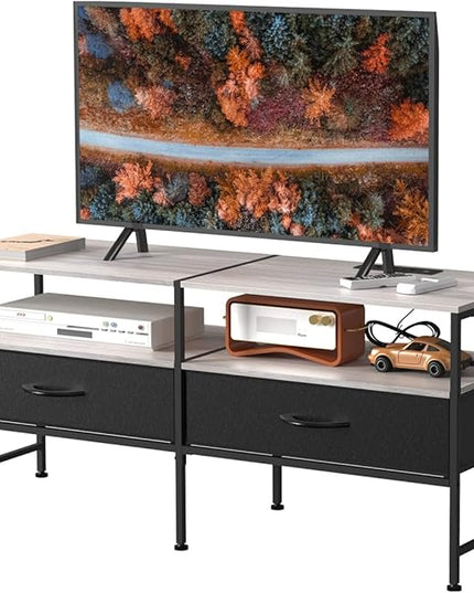 HEOMU Industrial TV Stand for 50 Inch Television Cabinet 3-Tier Console Table with Fabric Drawer, Entertainment Center Media Console Metal Frame for Living Room, Bedroom, Grey - LeafyLoom