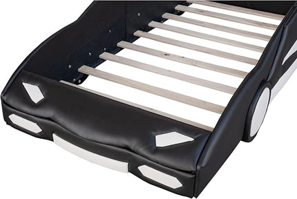 Twin Size Boys Car Bed,Race Car-Shaped Platform Wooden Bedframe with Wheels & Both Sides,Slat Support,Toy Furniture for Kids Toddlers Child's Bedroom,Black - LeafyLoom