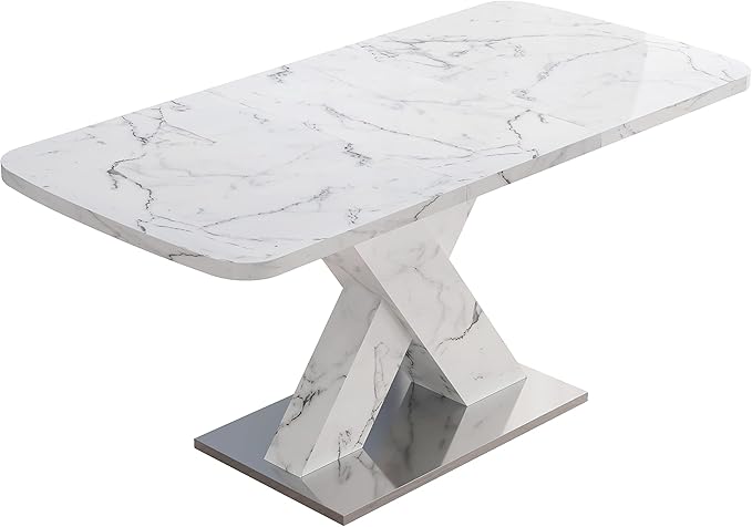 NicBex 62.99Inch Expandable Dining Table,Modern Kitchen Table with White Marble Tabletop and MDF White X-Shape Legs for 6 to 8,Large Dining Room Table for Kitchen,Meeting Room and Living Room,White - LeafyLoom