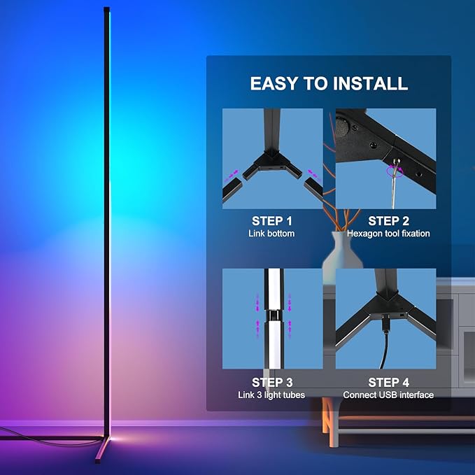 LED Corner Floor Lamp - Space with 16 Million Colors and 230 Dynamic Lighting Modes - App/Remote Control - Music Sync - Easy Installation - Perfect for Living, Gaming Room, and More (1) - LeafyLoom