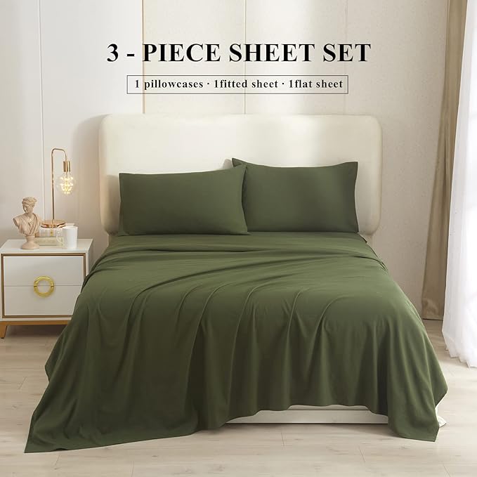 Army Green Twin Sheets Set 3 Piece Cooling Bed Sheets,Hotel Luxury Fitted Sheet Set for Twin Size Bed,Super Soft Sheet Deep Pocket 16 Inch,Wrinkle & Shrink Resistant,Twin Sheets,Green Bed Sheets - LeafyLoom
