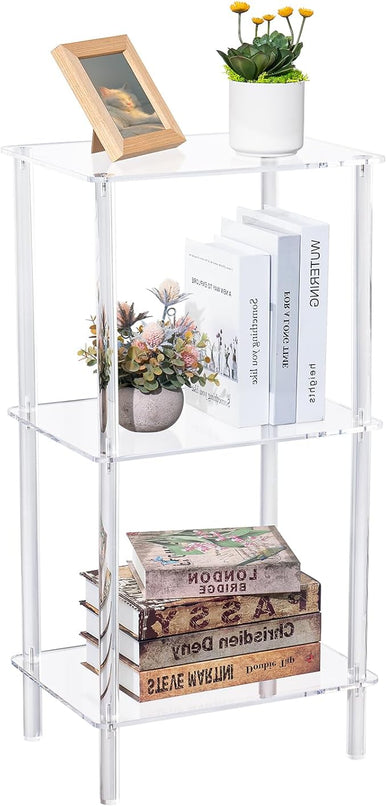 Acrylic Bookcase for Small Spaces, 3 Tier Clear Bookshelf for Bedroom, Bathroom, Living Room, Multipurpose Shelving Unit for Collectibles, Plants, Display, 15.7'' L x 11.8'' W x 30.7'' H - LeafyLoom