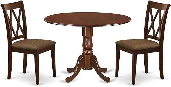 East West Furniture DLCL3-MAH-C Dublin 3 Piece Set for Small Spaces Contains a Round Dining Room Table with Dropleaf and 2 Linen Fabric Upholstered Chairs, 42x42 Inch, Mahogany - LeafyLoom