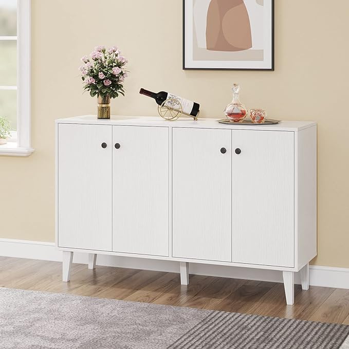 Panana Sideboard Buffet Cabinet Kitchen Storage Cabinet Living Room 4 Doors Console Table (White) - LeafyLoom