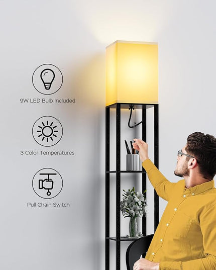 PAZZO Floor Lamp with Shelves by Solid Wood, Modern Shelf Floor Lamp with 3 Color Temperature, Linen Lampshade and Storage Shelves for Living Room, Bedroom, Bulb Included(Black) - LeafyLoom