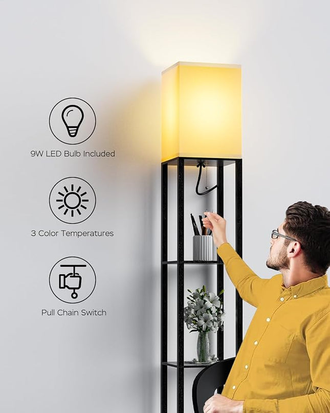 PAZZO Floor Lamp with Shelves by Solid Wood, Modern Shelf Floor Lamp with 3 Color Temperature, Linen Lampshade and Storage Shelves for Living Room, Bedroom, Bulb Included(Black) - LeafyLoom