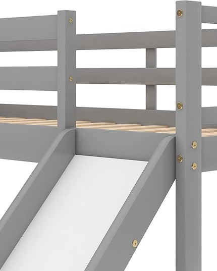 Twin Bunk Bed with Convertible Slide and Stairs, Wooden Low BunkBed Frame for Kids Teens Bedroom, Dorm, Gray - LeafyLoom