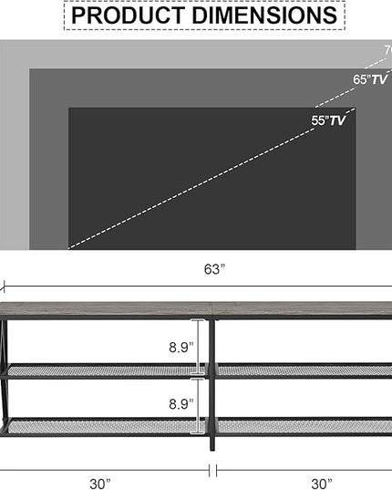 TV Stand for 65 70 Inch TV, Long 63" Entertainment Center 3-Tier TV Console Steel Frame Industrial Style TV Cabinet with Metal Frame for Living Room, Gray - LeafyLoom