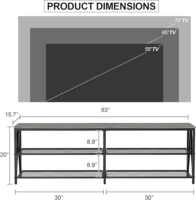 TV Stand for 65 70 Inch TV, Long 63" Entertainment Center 3-Tier TV Console Steel Frame Industrial Style TV Cabinet with Metal Frame for Living Room, Gray - LeafyLoom