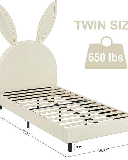 VECELO Kids Twin Size Platform bed Frame with Upholstered Headboard, Princess Beds for Girls, 12 Wooden Slats Support, No Boxing Spring Needed,Beige - LeafyLoom
