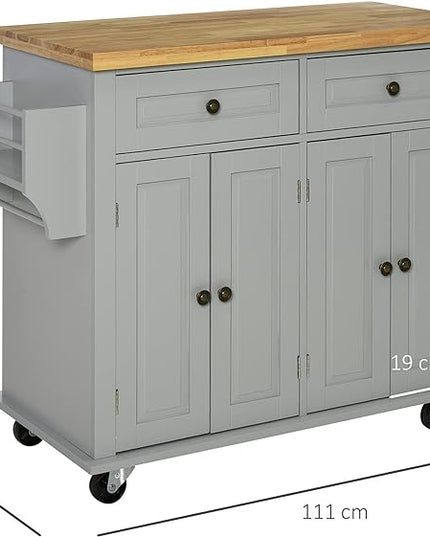 HOMCOM Kitchen Island on Wheels, Rolling Cart with Rubberwood Top, Spice Rack, Towel Rack and Drawers for Dining Room, Grey - LeafyLoom