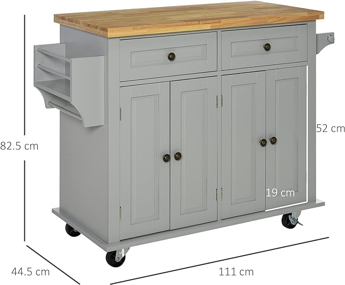HOMCOM Kitchen Island on Wheels, Rolling Cart with Rubberwood Top, Spice Rack, Towel Rack and Drawers for Dining Room, Grey - LeafyLoom