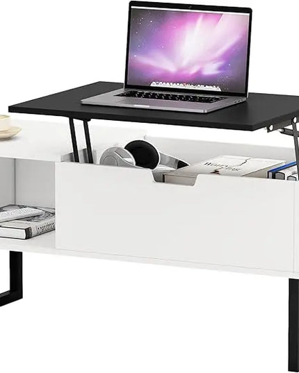 White Coffee Table with Black Lift Top - Modern Industrial Coffee Table with Lifting Top and Hide Compartment Storage - 40 Inch Rectangle Lift Coffee Tables for Living Room - LeafyLoom