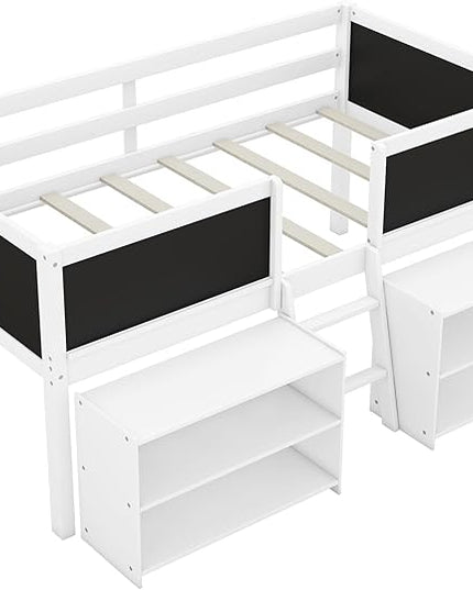 Twin Size Low loft Bed with Movable Shelves for Kids,Kids Low Loft Bed Frame with Guardrail Chalkboard and Storage,Solid Wood Loft Bed Twin for Boys,Girls (White) - LeafyLoom
