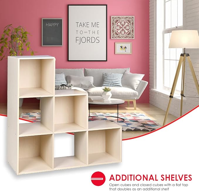 Home Basics Open and Enclosed Cube MDF Storage Organizer, Oak (6-Cube Tiered) - LeafyLoom