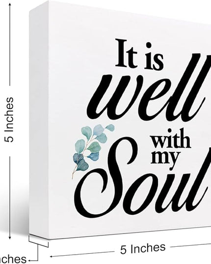 Christian Quote It Is Well With My Soul Wood Box Sign,Holy Bible Quote Decor Desk Sign,Inspirational Song and Hymn Wooden Block Sign for Home Bedroom Office Shelf Tabletop - LeafyLoom