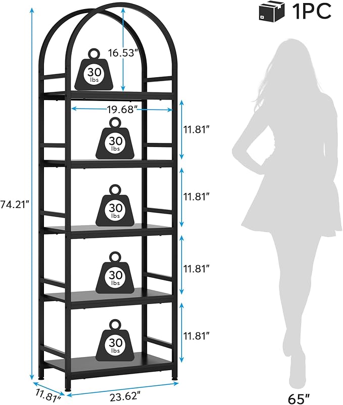 Tribesigns 5-Tier Open Bookshelf, 74.4" Wood Bookcase Storage Shelves with Metal Frame, Freestanding Display Rack Tall Shelving Unit for Office, Bedroom, Living Room, Easy Assembly(Black, 1PC) - LeafyLoom