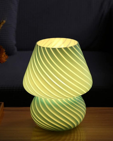 Mushroom Lamp,Glass Arctic Blue Mushroom Bedside Table Lamps Vintage Translucent Murano Style Striped Small Nightstand Desklamp Swirl Light for Home Decor, Dining, Living, Bedroom, Gift (Stripe Blue) - LeafyLoom