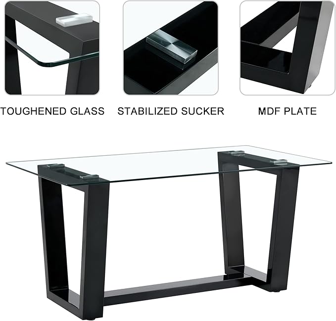 NicBex 63Inch Rectangular Dining Table,Modern Kitchen Table with Tempered Glass Tabletop and Black MDF Trapezoid Bracket for 6 to 8,Large Dining Room Table for Kitchen,Meeting Living Room,Black - LeafyLoom