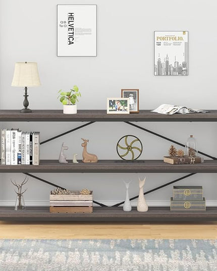 IBF Wood and Metal Book Shelf, Industrial Rustic Low 3 Tier Bookshelf, Farmhouse Long Wide Vintage Horizontal Bookcase, Modern Large Open Etagere for Home Office Living Room Bedroom, Gray Oak, 63 Inch - LeafyLoom