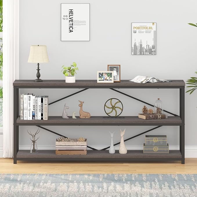 IBF Wood and Metal Book Shelf, Industrial Rustic Low 3 Tier Bookshelf, Farmhouse Long Wide Vintage Horizontal Bookcase, Modern Large Open Etagere for Home Office Living Room Bedroom, Gray Oak, 63 Inch - LeafyLoom
