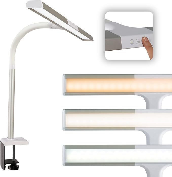 OttLite Perform LED Clamp Lamp for Desks with ClearSun LED Technology - Extra Wide Overhead Lighting with 3 Color Temperatures - Sturdy Clamp Mounts to Tables for Home, Office, Dorms & Workbench - LeafyLoom