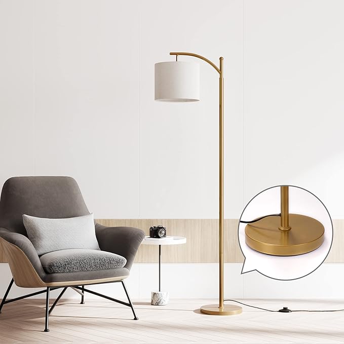 SUNMORY Arc Floor Lamp, Modern Floor Lamp with Romote Control and Stepless Dimmable Bulb, Metal Standing Lamps with Hanging Lampshade for Living Room, Bedroom, Office (Gold) - LeafyLoom