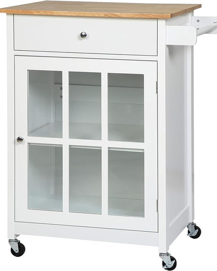 HOMCOM 27" Rolling Kitchen Island Cart with Drawer and Glass Door Cabinet, Kitchen Trolley with Adjustable Shelf and Towel Rack, White - LeafyLoom